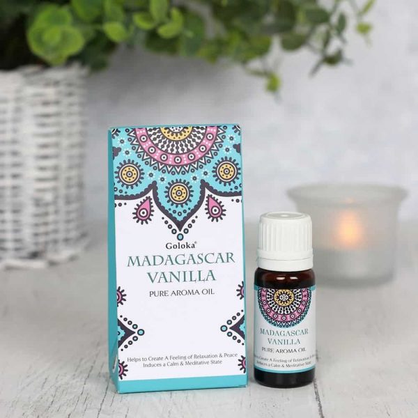 Madagascar Vanilla Fragrance Oil by Goloka in 10ml size comes in a beautifully designed cardboard pouch.