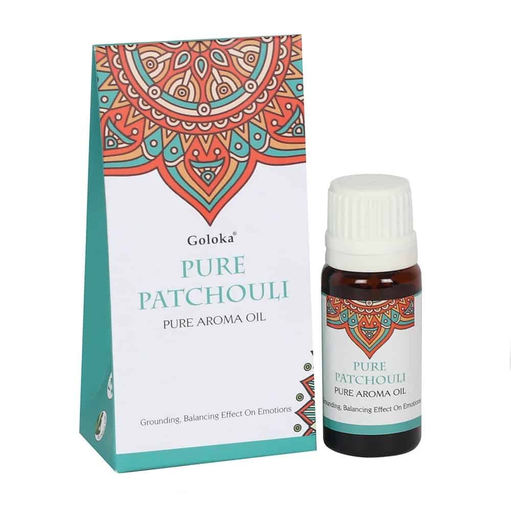 Pure Patchouli Fragrance Oil by Goloka in 10ml size comes in a beautifully designed cardboard pouch.
