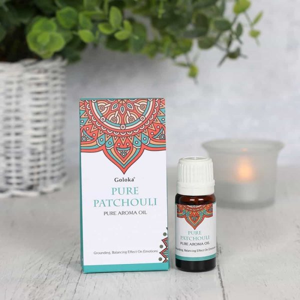 Pure Patchouli Fragrance Oil by Goloka in 10ml size comes in a beautifully designed cardboard pouch.