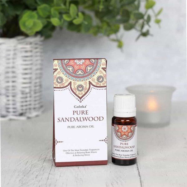 Pure Sandalwood Fragrance Oil by Goloka in 10ml size comes in a beautifully designed cardboard pouch.