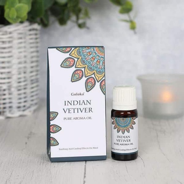 Indian Vetiver Fragrance Oil by Goloka in 10ml size comes in a beautifully designed cardboard pouch.