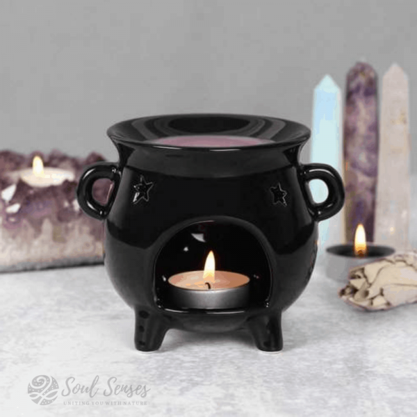 Ceramic Black Witches’ Cauldron Oil Burner & Wax Melter with candle