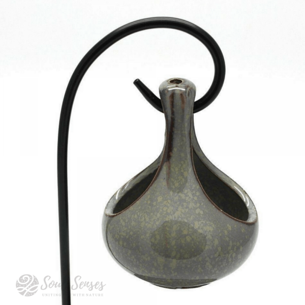 Hanging Teardrop Ceramic Oil Burner With Black Metal Stand - Mottled Duck Egg teardrop - front