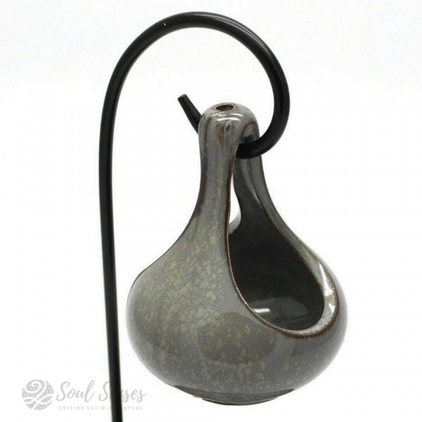 Hanging Teardrop Ceramic Oil Burner With Black Metal Stand - Mottled Duck Egg teardrop - side