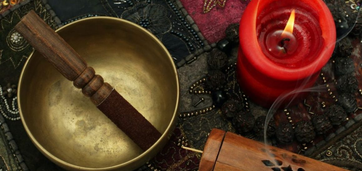 Tibetan Style Brass Singing Bowl with Mullet and Red Candle