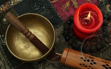 Tibetan Style Brass Singing Bowl with Mullet and Red Candle